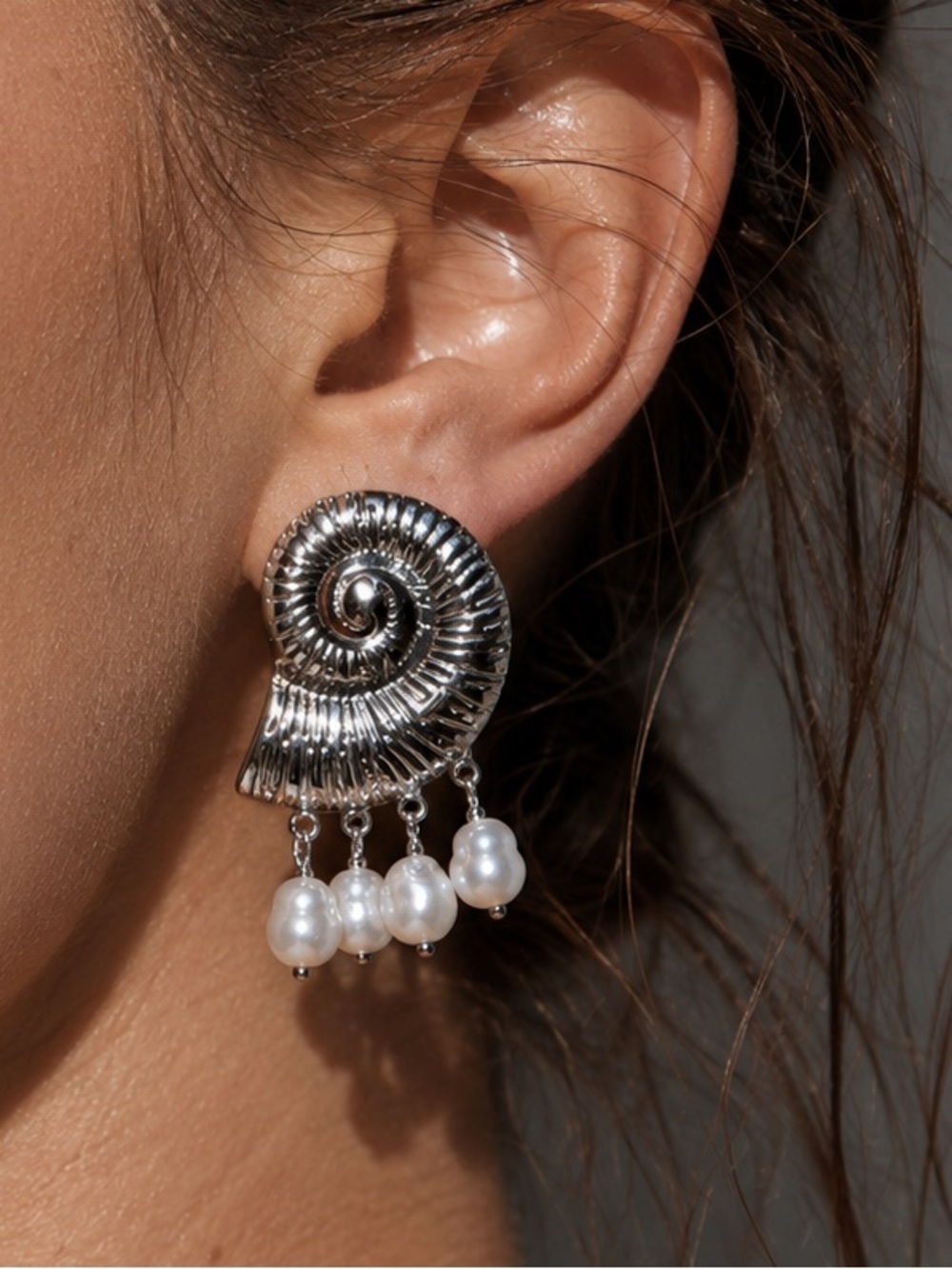 Silver Shell Pearl Drop Earrings